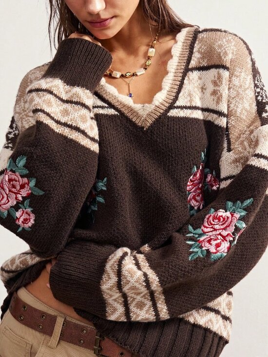 Sweaters - Mocha Brown Casual Women's Jacquard Contrast Color Embroidered Knit Cardigan
